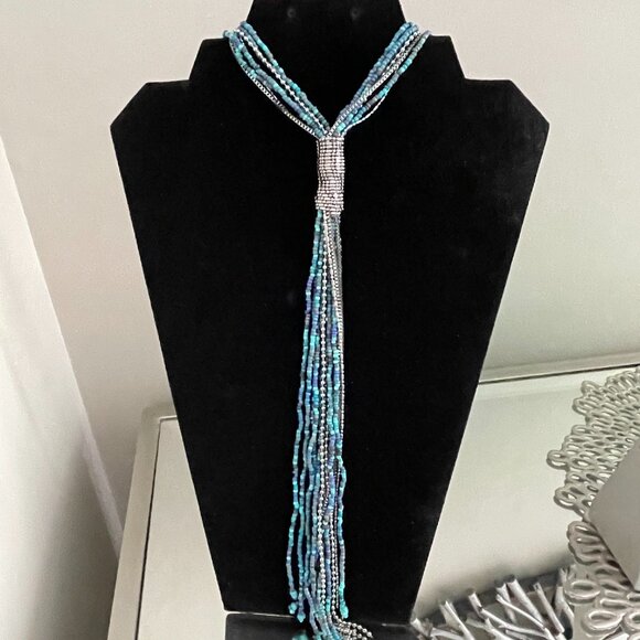 Multi Strand Blue Faux Turquoise Beads and Silver Long Necklace - Picture 3 of 4